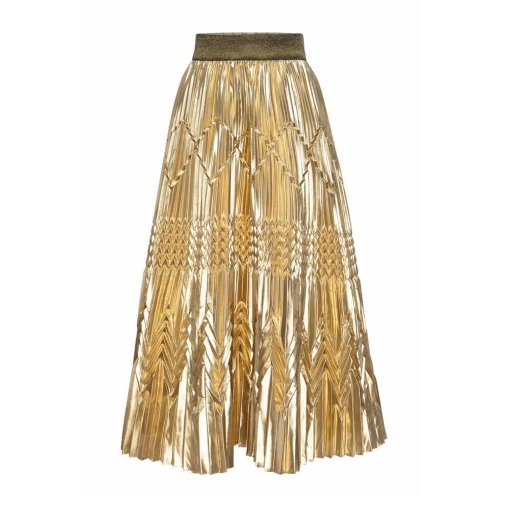 Le Superbe Triple Pleat in Oro Metal Gold Metallic Midi Skirt Size S